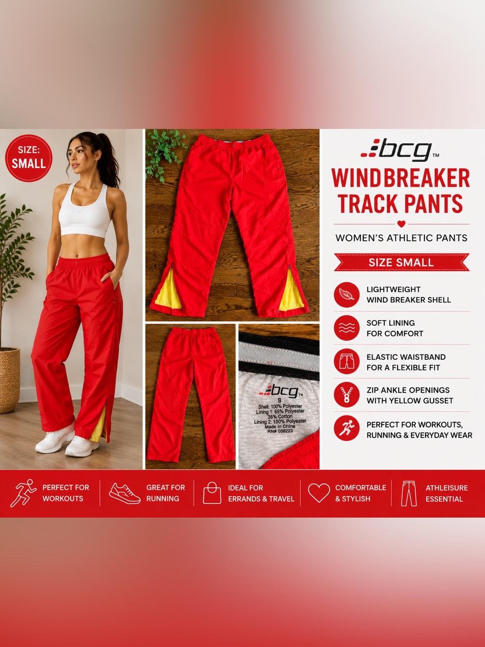 BCG Women’s Red Windbreaker Track Pants Size Small Athletic Joggers Y2K